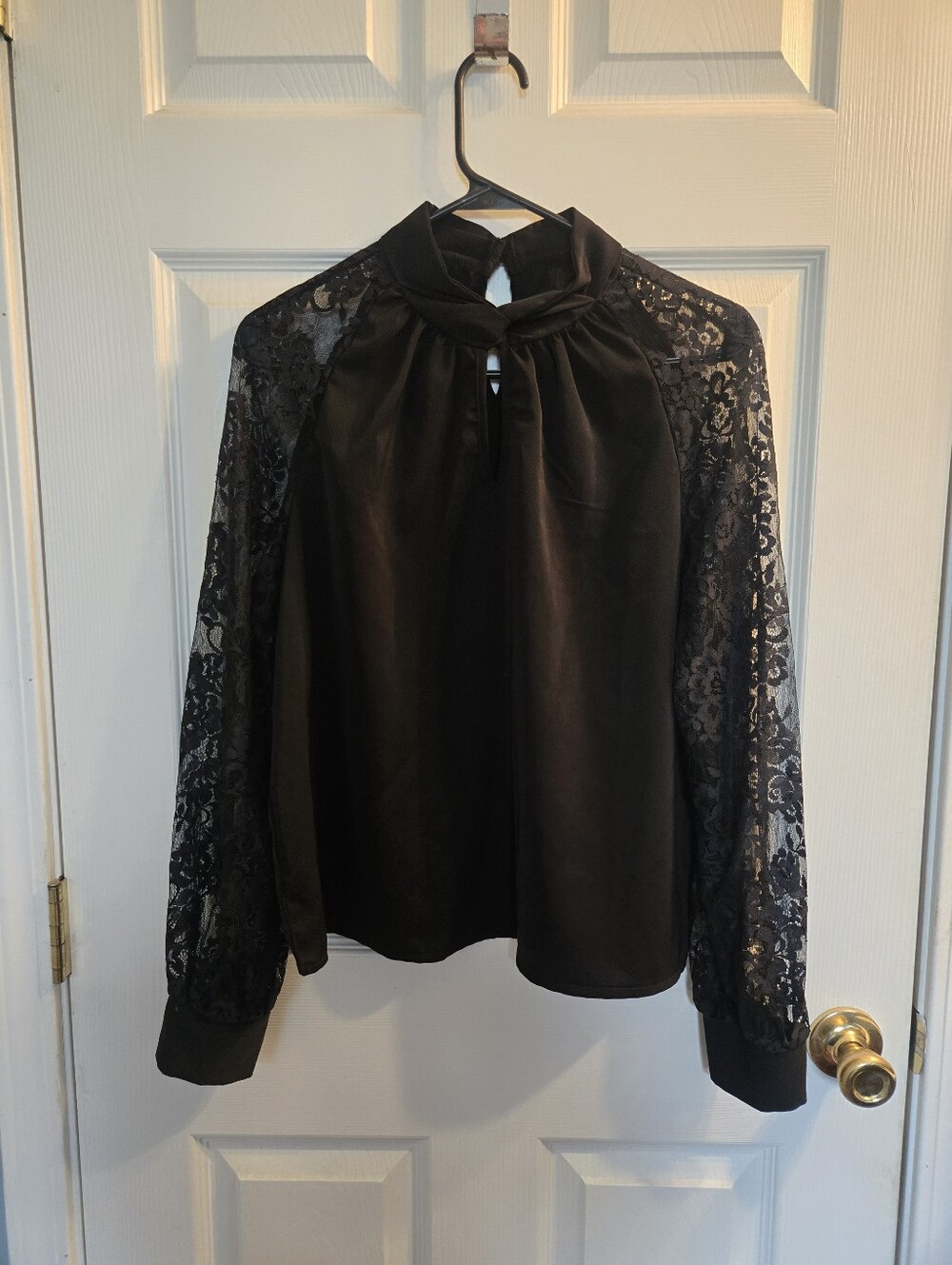 SHEIN Black Lace-Sleeve Knot Neck Blouse